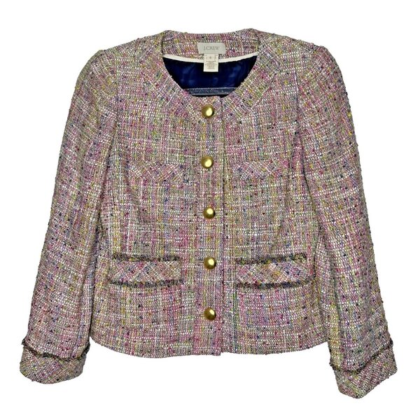 J Crew Confetti Tweed Blazer Size 6 Gold Button Silk Blend Lined Classic - Picture 1 of 12